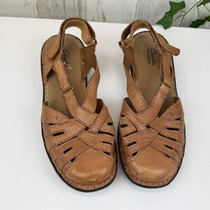 Clarks Bendables Sandals Womens 8.5W Closed Toe Wedge Slingback Brown Leather